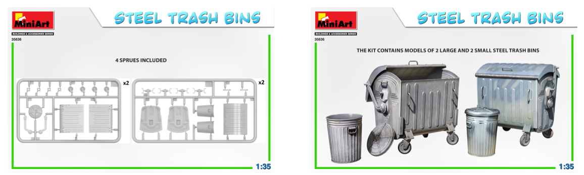 STEEL TRASH BINSUNASSEMBLED PLASTIC MODEL KITBOX CONTAINS MODELS OF GARBAGE BINS