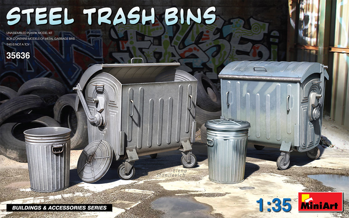 STEEL TRASH BINSUNASSEMBLED PLASTIC MODEL KITBOX CONTAINS MODELS OF GARBAGE BINS