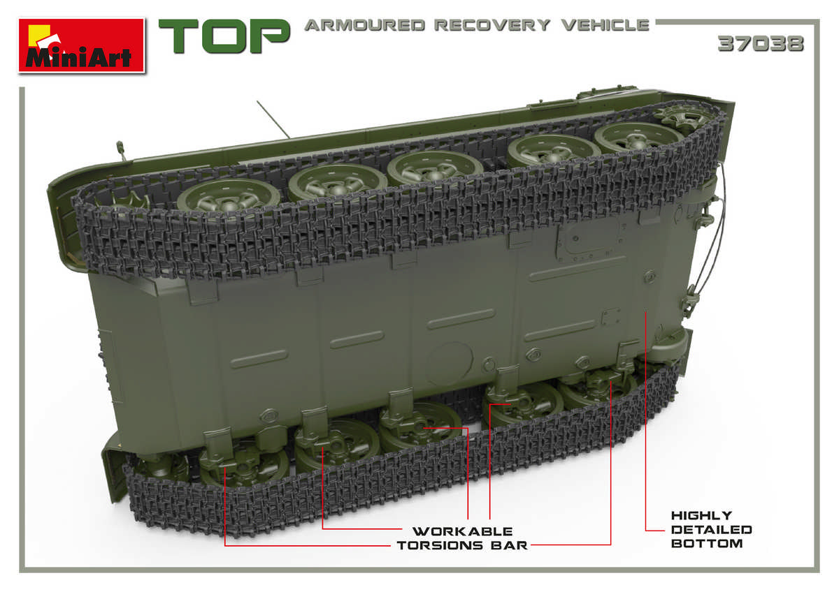 Soviet TOP Armoured Recovery Vehicle ALL HATCHES CAN BE POSED OPEN OR CLOSED  SEPARATED OMSh TRACKSPHOTO-ETCHED PARTS INCLUDEDCLEAR PARTS INCLUDEDDECALS SHEET FOR 3 VARIANTS