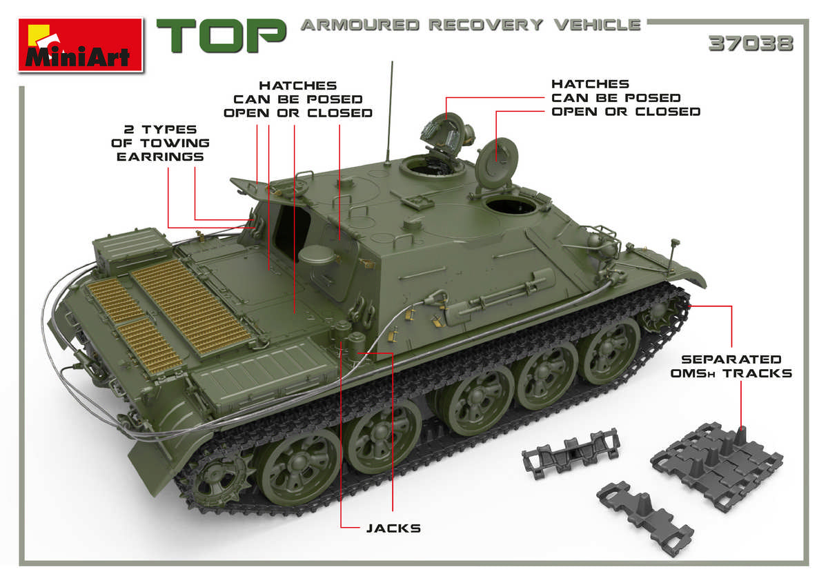 Soviet TOP Armoured Recovery Vehicle ALL HATCHES CAN BE POSED OPEN OR CLOSED  SEPARATED OMSh TRACKSPHOTO-ETCHED PARTS INCLUDEDCLEAR PARTS INCLUDEDDECALS SHEET FOR 3 VARIANTS