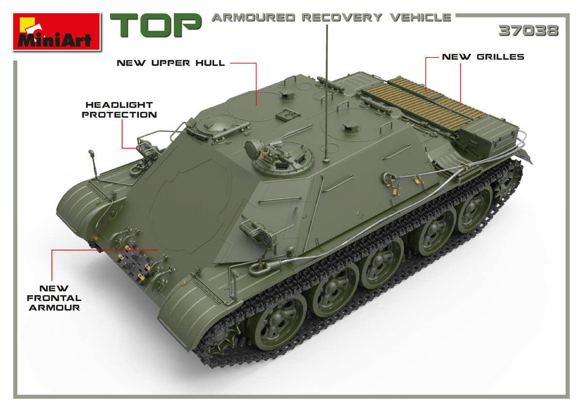 Soviet TOP Armoured Recovery Vehicle ALL HATCHES CAN BE POSED OPEN OR CLOSED  SEPARATED OMSh TRACKSPHOTO-ETCHED PARTS INCLUDEDCLEAR PARTS INCLUDEDDECALS SHEET FOR 3 VARIANTS