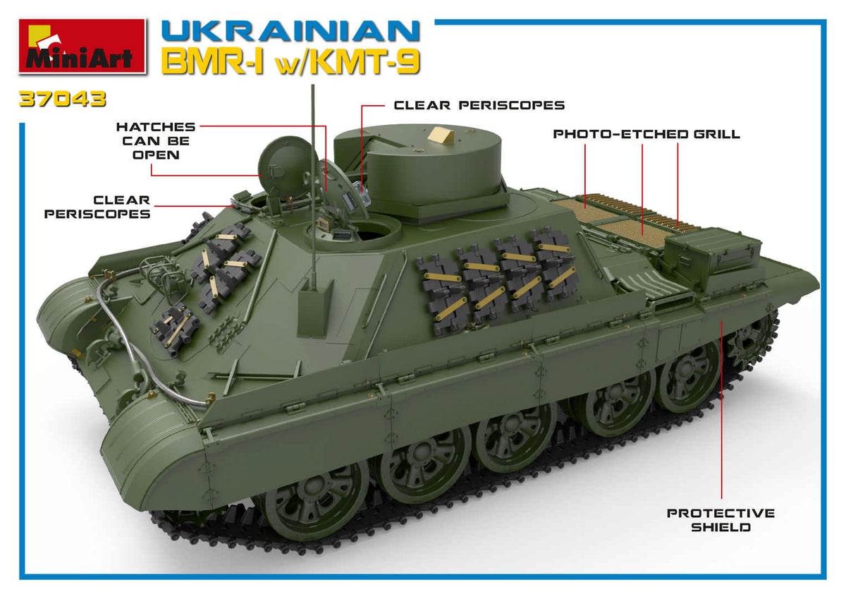 Ukrainian BMR-1 with KMT-9 HIGHLY DETAILED MODELALL HATCHES CAN BE POSED OPEN OR CLOSEDWORKABLE RMSh TRACKSPHOTO-ETCHED PARTS INCLUDEDCLEAR PARTS INCLUDEDDECALS SHEET FOR 4 VARIANTS