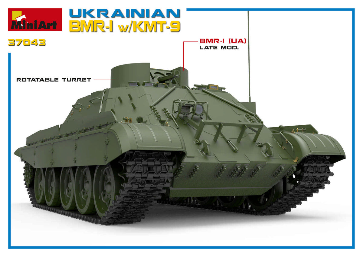 Ukrainian BMR-1 with KMT-9 HIGHLY DETAILED MODELALL HATCHES CAN BE POSED OPEN OR CLOSEDWORKABLE RMSh TRACKSPHOTO-ETCHED PARTS INCLUDEDCLEAR PARTS INCLUDEDDECALS SHEET FOR 4 VARIANTS