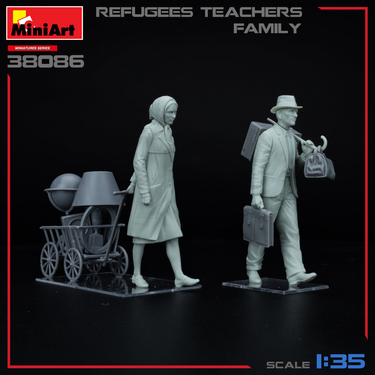 REFUGEES TEACHERS FAMILYBOX CONTAINS MODELS OF 2 FIGURES WITH LUGGAGE