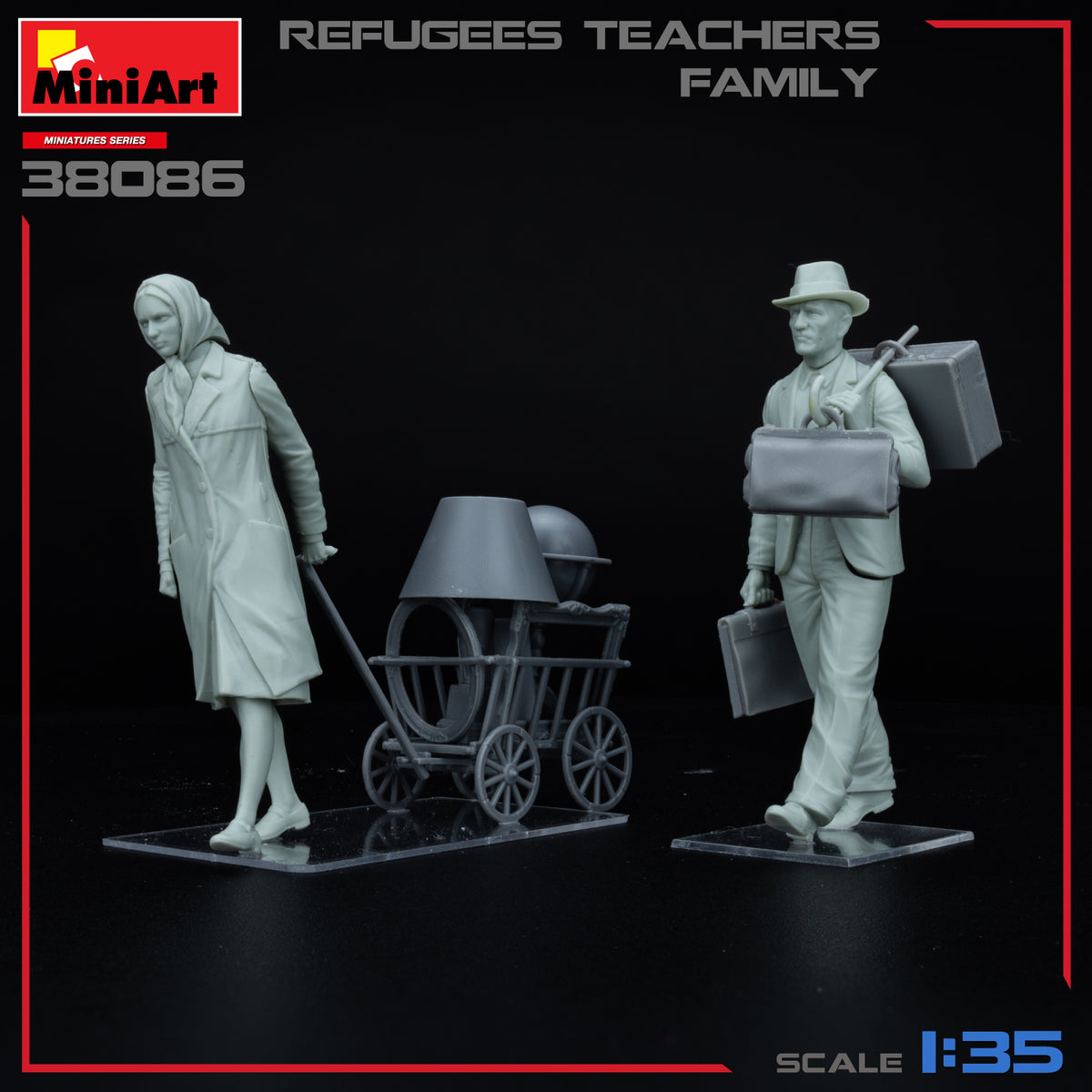 REFUGEES TEACHERS FAMILYBOX CONTAINS MODELS OF 2 FIGURES WITH LUGGAGE