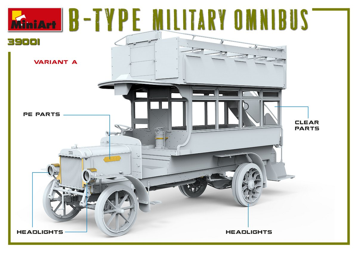 B-TYPE MILITARY OMNIBUS (Old Bill Bus) HIGHLY DETAILED MODELACCURATE ENGINECLEAR PARTS INCLUDEDPHOTO-ETCHED PARTS INCLUDEDDECAL SHEET FOR 5 VARIANTS