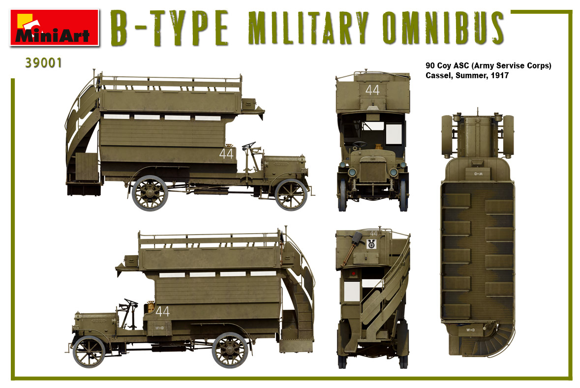 B-TYPE MILITARY OMNIBUS (Old Bill Bus) HIGHLY DETAILED MODELACCURATE ENGINECLEAR PARTS INCLUDEDPHOTO-ETCHED PARTS INCLUDEDDECAL SHEET FOR 5 VARIANTS