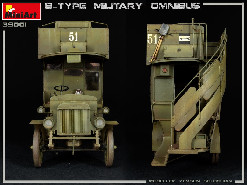 B-TYPE MILITARY OMNIBUS (Old Bill Bus) HIGHLY DETAILED MODELACCURATE ENGINECLEAR PARTS INCLUDEDPHOTO-ETCHED PARTS INCLUDEDDECAL SHEET FOR 5 VARIANTS