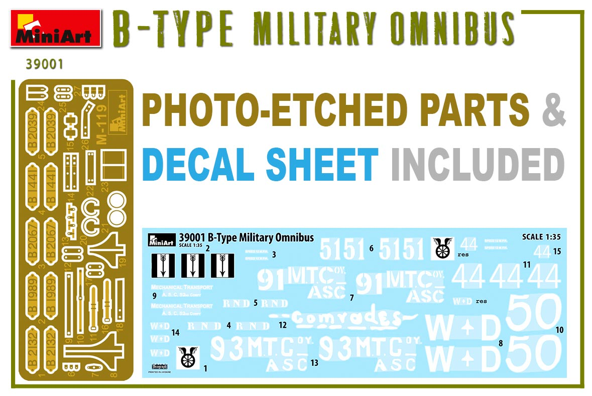 B-TYPE MILITARY OMNIBUS (Old Bill Bus) HIGHLY DETAILED MODELACCURATE ENGINECLEAR PARTS INCLUDEDPHOTO-ETCHED PARTS INCLUDEDDECAL SHEET FOR 5 VARIANTS