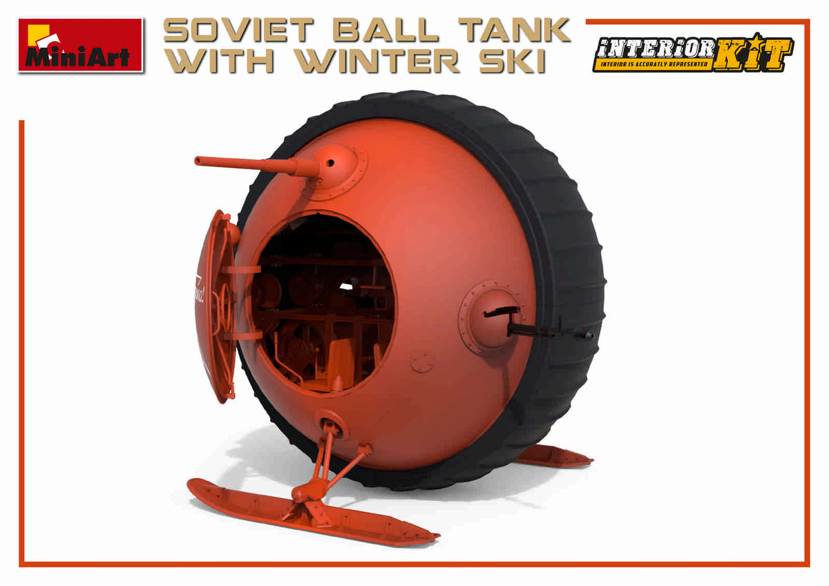 Soviet BALL TANK with WINTER SKI and WITH INTERIOR KIT HIGHLY DETAILED MODELFULL INTERIORCLEAR PARTS INCLUDEDALL HATCHES CAN BE POSED OPEN OR CLOSEDDECAL SHEET FOR 6 VARIANTS