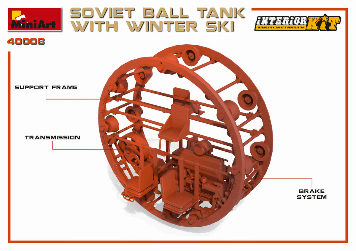 Soviet BALL TANK with WINTER SKI and WITH INTERIOR KIT HIGHLY DETAILED MODELFULL INTERIORCLEAR PARTS INCLUDEDALL HATCHES CAN BE POSED OPEN OR CLOSEDDECAL SHEET FOR 6 VARIANTS