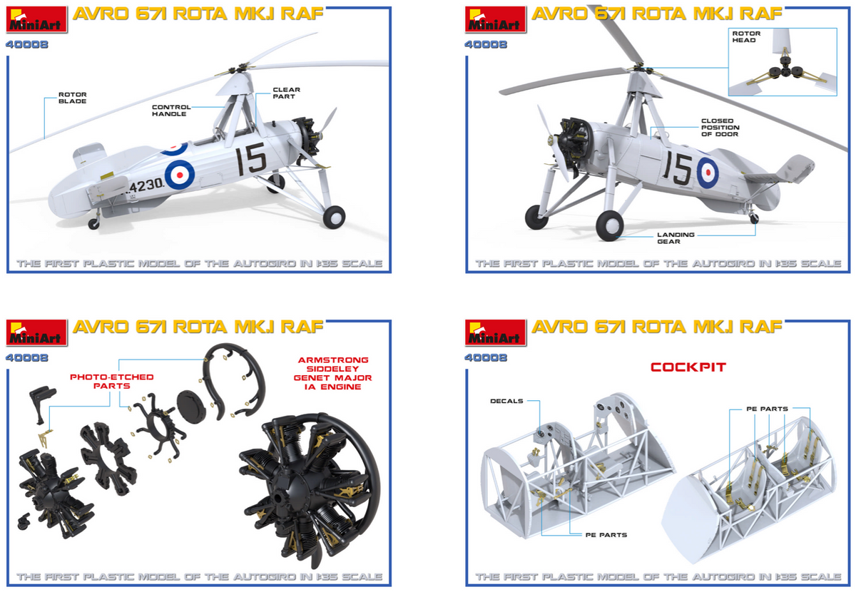 AVRO 671 ROTA MK.I RAF HIGHLY DETAILED MODELCLEAR PARTS INCLUDEDHATCHES CAN BE OPEN OR CLOSEDPHOTO-ETCHED PARTS INCLUDEDDECAL SHEET FOR 4 VARIANTS