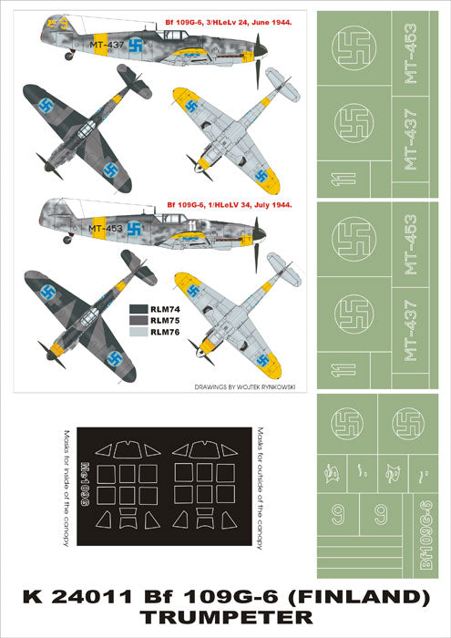 Messerschmitt Bf-109G-6 (FINLAND) (canopy frame paint masks (inside and outside)) + insignia and markings masks (designed to be used with Trumpeter kits)