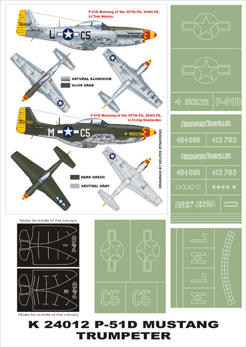North-American P-51D Mustang (canopy frame paint masks (inside and outside)) + insignia and markings masks (designed to be used with Trumpeter kits)