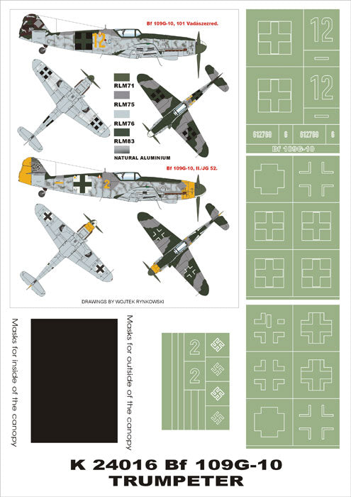 Messerschmitt Bf-109G-10 (canopy frame paint masks (inside and outside)) + insignia and markings masks (designed to be used with Trumpeter kits)