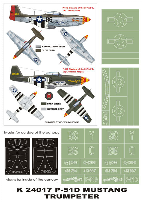 North-American P-51D Mustang (canopy frame paint masks (inside and outside)) + insignia and markings masks (designed to be used with Trumpeter kits)