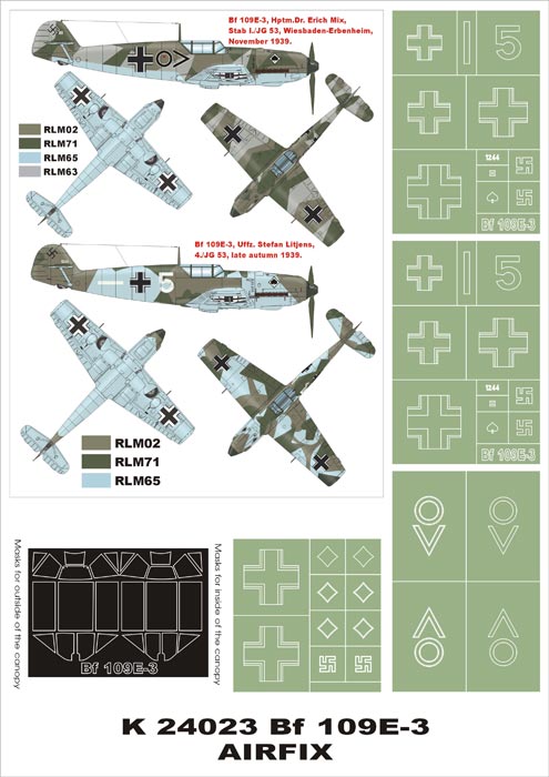 Messerschmitt Bf-109E-3 (canopy frame paint masks (inside and outside)) + insignia and markings masks (designed to be used with Airfix kits)