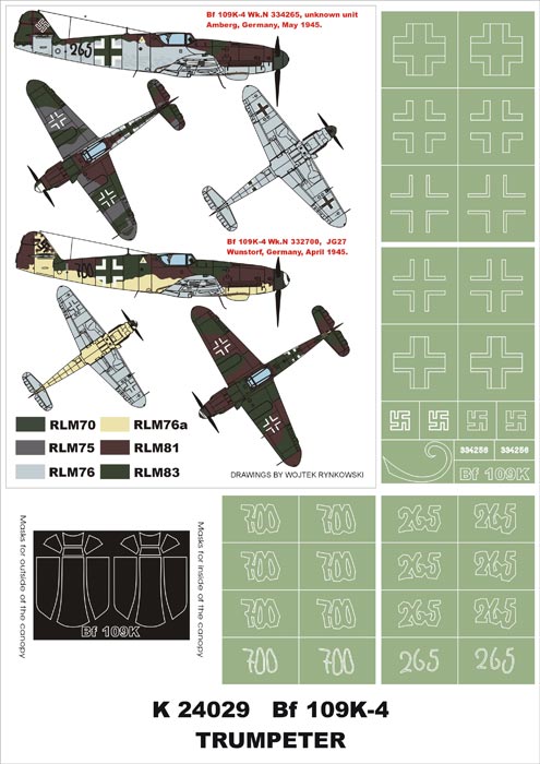 Messerschmitt Bf-109K-4 (canopy frame paint masks (inside and outside)) + insignia and markings masks (designed to be used with Trumpeter kits)