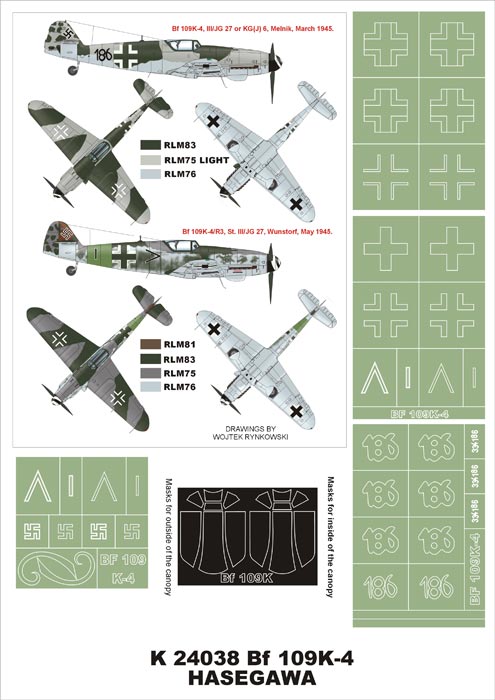 Messerschmitt Bf-109K-4 (canopy frame paint masks (inside and outside)) + insignia and markings masks (designed to be used with Trumpeter kits)