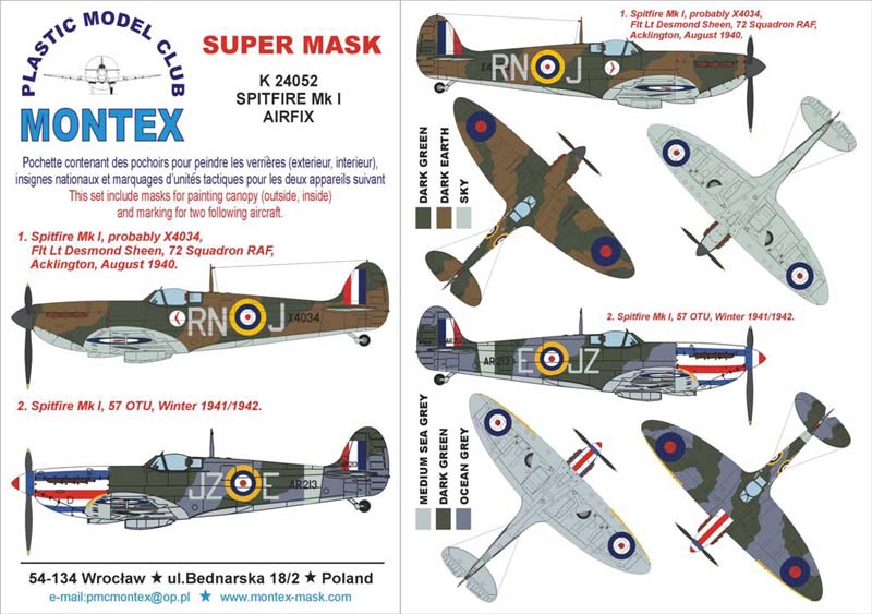 Supermarine Spitfire Mk.I (canopy frame paint masks (inside and outside)) + insignia and markings masks (designed to be used with Airfix kits)