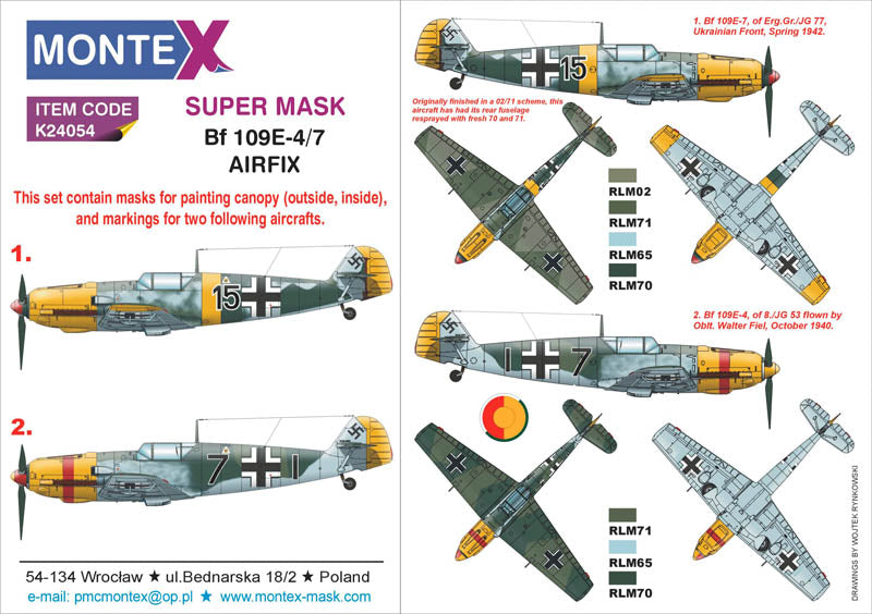 Messerschmitt Bf-109E-4/7 (canopy frame paint masks (inside and outside)) + insignia and markings masks (designed to be used with Airfix kits)