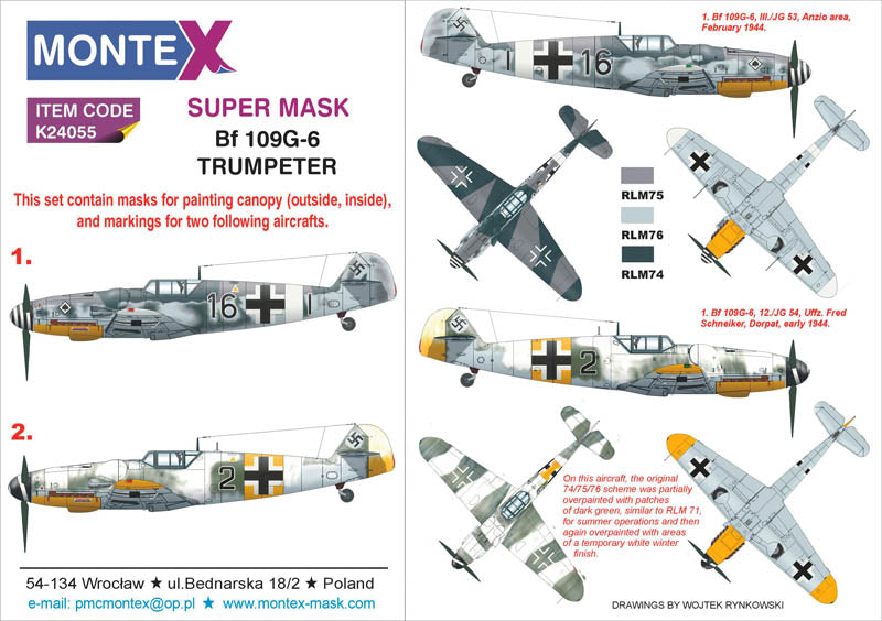 Messerschmitt Bf-109G-6 (canopy frame paint masks (inside and outside)) + insignia and markings masks (designed to be used with Trumpeter kits)