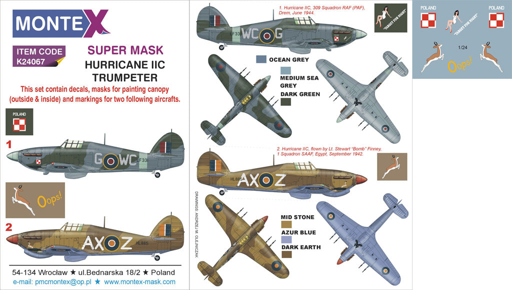Hawker Hurricane Mk.IIC (canopy frame paint masks (inside and outside)) + insignia and markings masks + decals (designed to be used with Trumpeter kits)