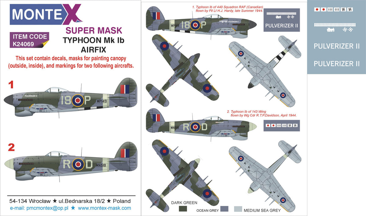 Hawker Typhoon Mk.Ib 2 canopy frame paint mask (inside & outside) + insignia and markings masks + decals (designed to be used with Airfix kits)