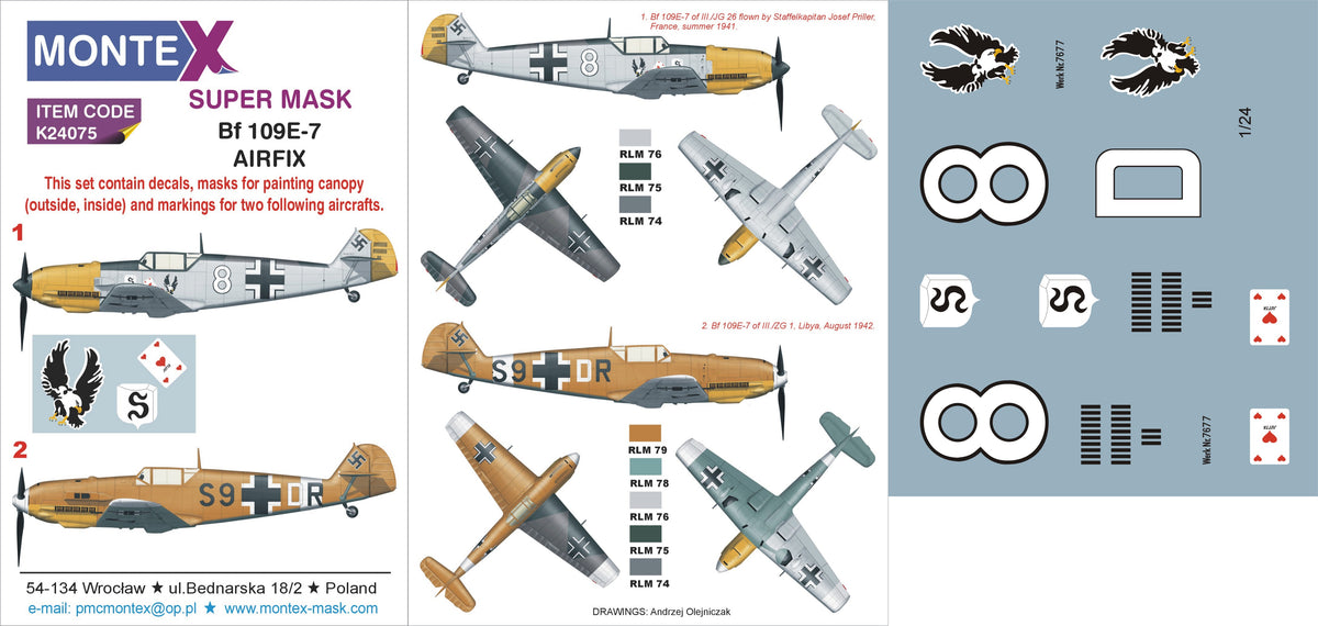 Messerschmitt Bf-109E-7	 (designed to be used with Airfix kits) 	 2 canopy frame paint mask (inside & outside) insignia and markings masks + decals