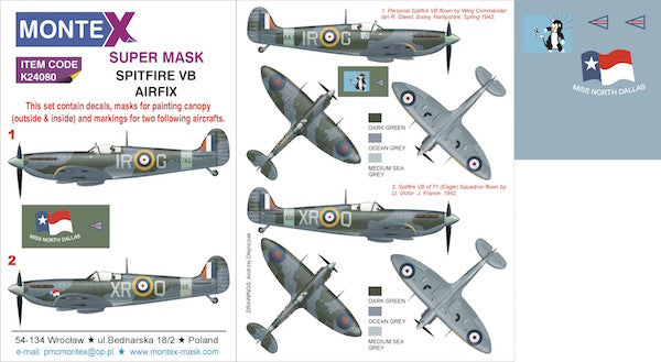 Supermarine Spitfire Mk.VB (designed to be used with Airfix kits) 2 canopy mask (interior and exterior canopy frame mask) + insignia and markings masks + decals