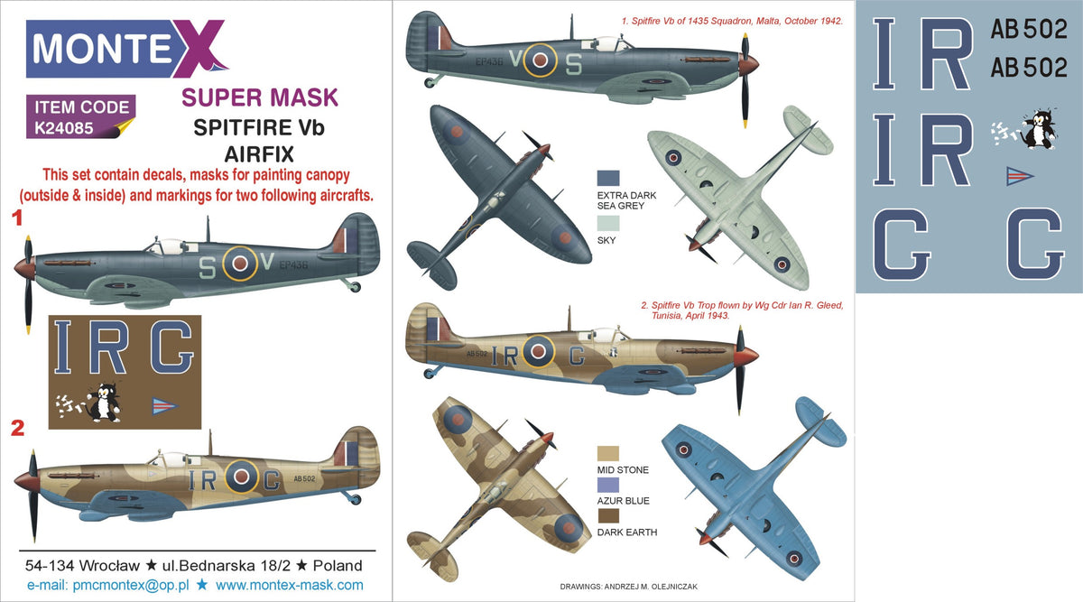 Supermarine Spitfire Mk.Vb 2 canopy mask (interior and exterior canopy frame mask) + insignia and markings masks + decals (designed to be used with Airfix kits)