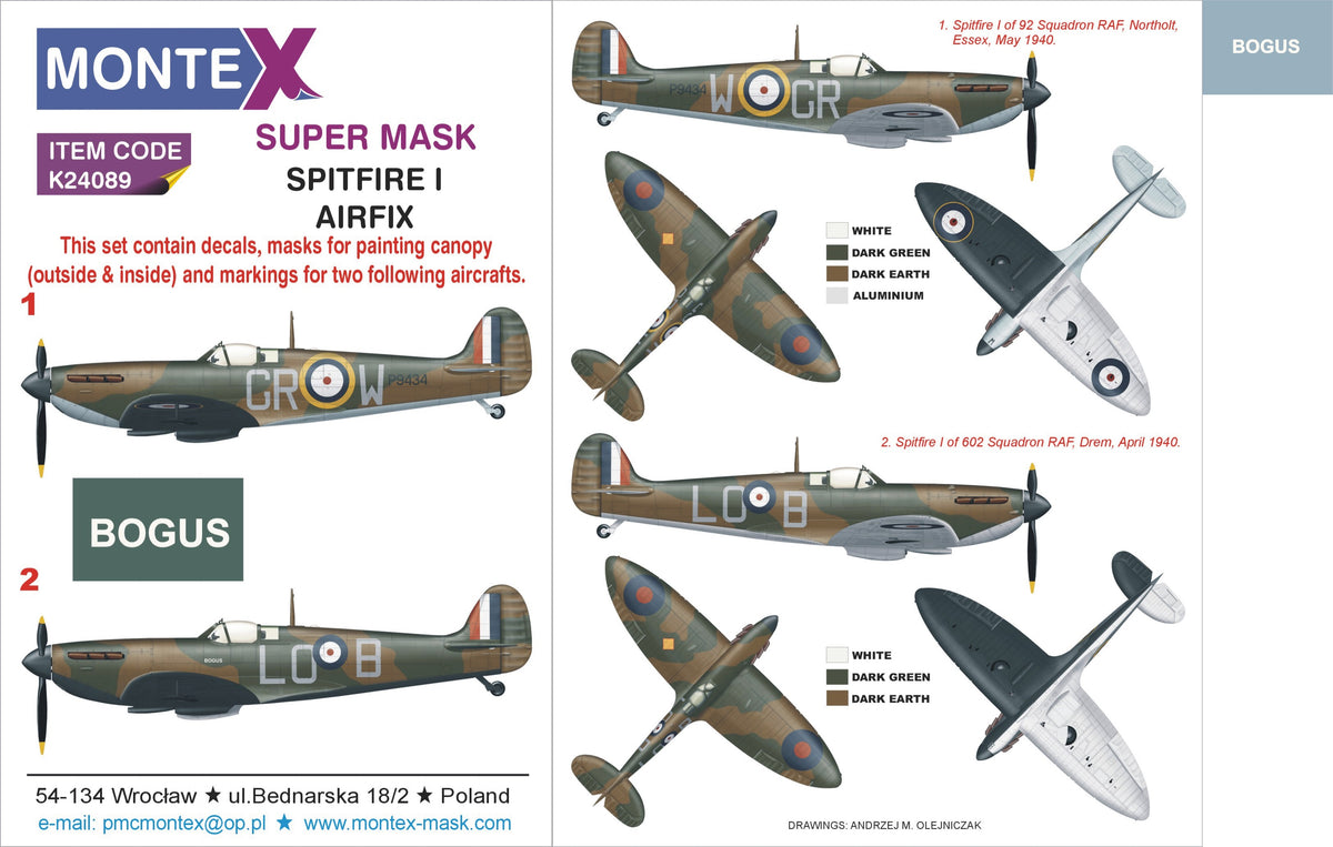 Supermarine Spitfire Mk.I 2 canopy mask (interior and exterior canopy frame mask) + insignia and markings masks + decals (designed to be used with Airfix kits)