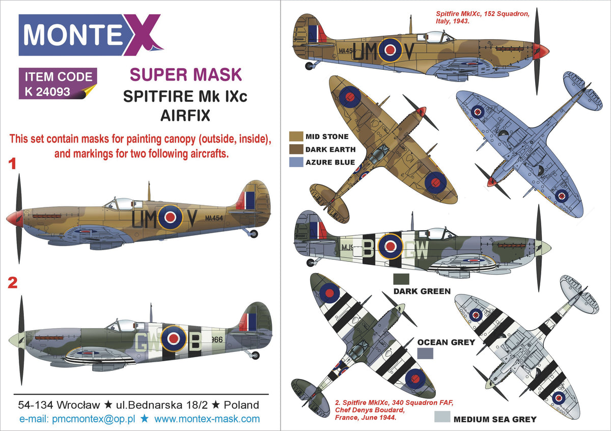 Supermarine Spitfire Mk.IXc 	(designed to be used with Airfix kits) 2 canopy frame paint mask (inside & outside) + 3 insignia masks