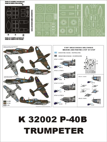 Curtiss P-40B Tomahawk (AVG,RAF) (canopy frame paint masks (inside and outside)) + insignia and markings masks (designed to be used with Trumpeter kits)