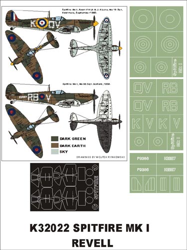 Supermarine Spitfire Mk.I (canopy frame paint masks (inside and outside)) + insignia and markings masks (designed to be used with Hasegawa and Revell kits)