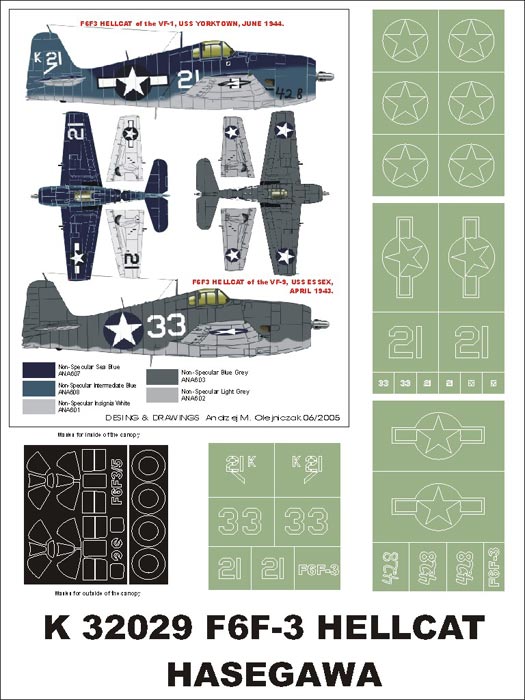 Grumman F6F-3 Hellcat (canopy frame paint masks (inside and outside)) + insignia and markings masks (designed to be used with Hasegawa kits)