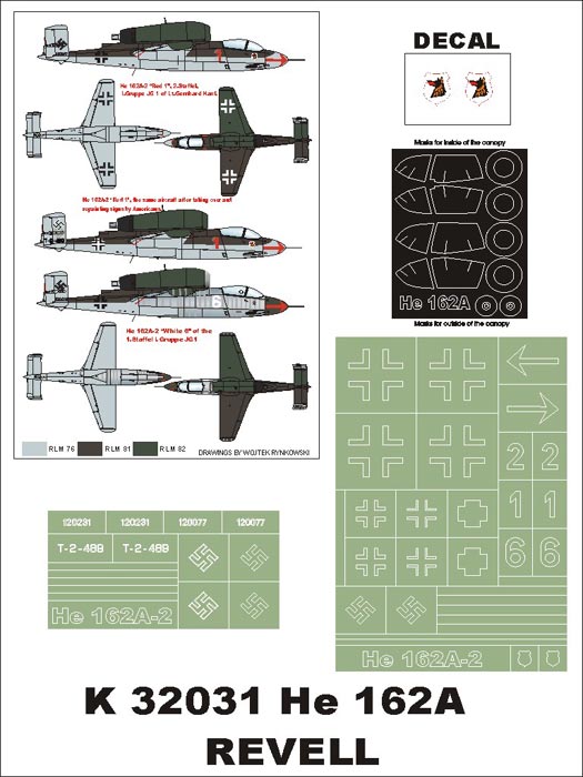 Heinkel He-162A-2 Salamander (canopy frame paint masks (inside and outside)) insignia and markings masks + decals (designed to be used with Revell kits)