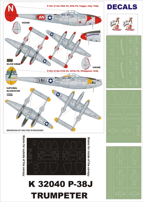 Lockheed P-38J Lightning (canopy frame paint masks (inside and outside)) + insignia and markings masks + decals (designed to be used with Trumpeter kits)