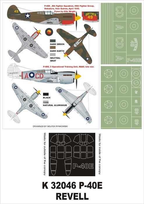 Curtiss P-40E Kittyhawk (canopy frame paint masks (inside and outside)) insignia and markings masks (designed to be used with Revell kits)