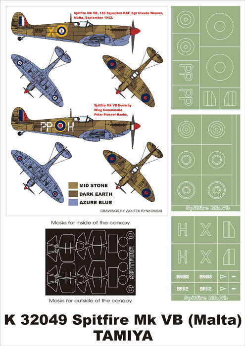 Supermarine Spitfire Mk.VB (Malta) (canopy frame paint masks (inside and outside)) + insignia and markings masks (designed to be used with Hasegawa kits)