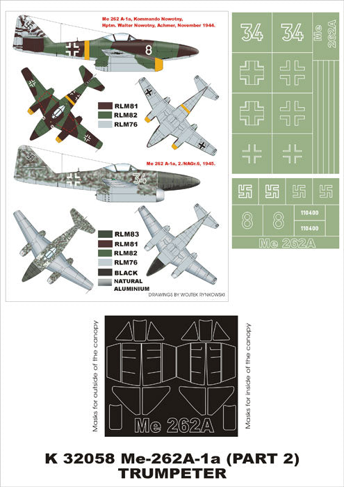 Messerschmitt Me-262A-1a (canopy frame paint masks (inside and outside)) insignia and markings masks (designed to be used with Trumpeter kits)
