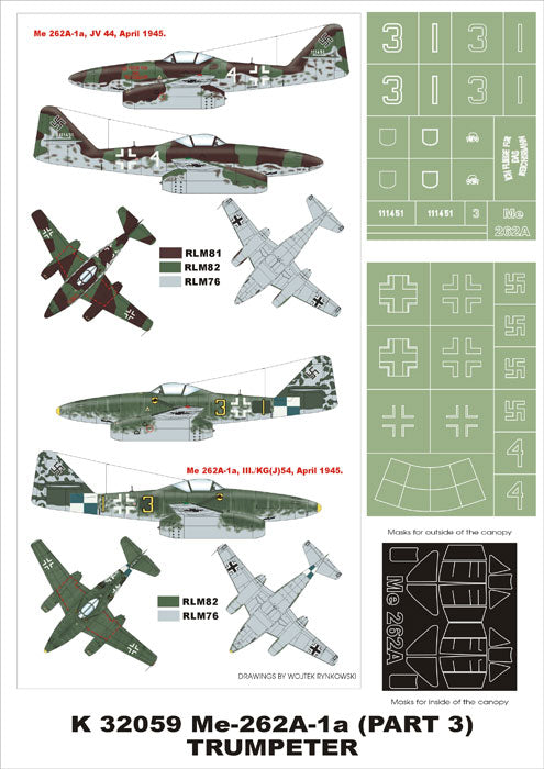 Messerschmitt Me-262A-1a (canopy frame paint masks (inside and outside)) insignia and markings masks (designed to be used with Trumpeter kits)