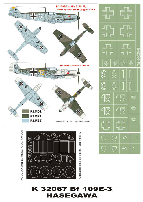 Messerschmitt Bf-109E-3 (canopy frame paint masks (inside and outside)) + insignia and markings masks (designed to be used with Hasegawa kits)
