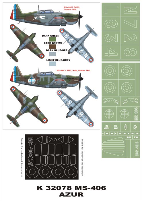 Morane-Saulnier MS.406C1 (France) (canopy frame paint masks (inside and outside)) + insignia and markings masks (designed to be used with AB Toys/Azur kits)