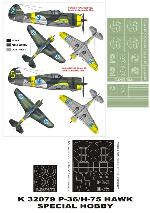 Curtiss P-36A /H-75A-1 Hawk (Finland) (canopy frame paint masks (inside and outside)) insignia and markings masks (designed to be used with Azur and Special Hobby kits)