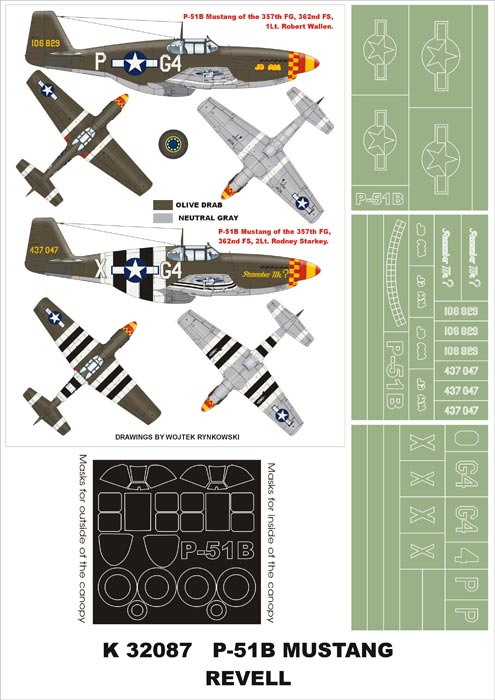 North-American P-51B Mustang (canopy frame paint masks (inside and outside)) + insignia and markings masks (designed to be used with Revell kits)