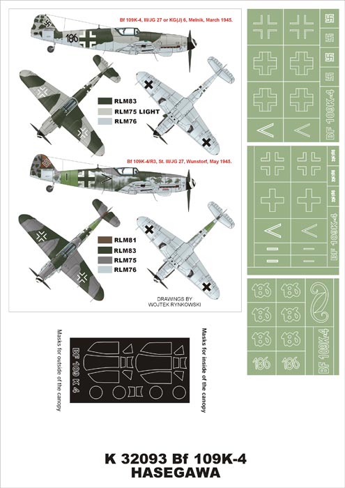 Messerschmitt Bf-109K-4 (canopy frame paint masks (inside and outside)) + insignia and markings masks (designed to be used with Hasegawa kits)