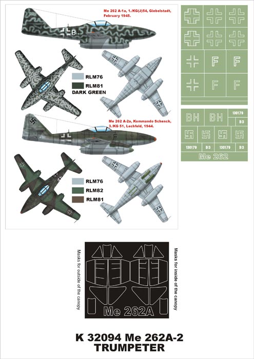 Messerschmitt Me-262A-2 (canopy frame paint masks (inside and outside)) insignia and markings masks (designed to be used with Trumpeter kits)