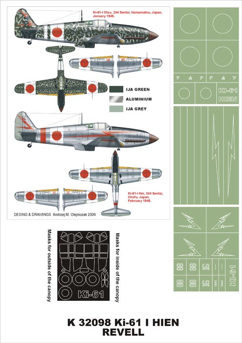 Kawasaki Ki-61-I Hien (canopy frame paint masks (inside and outside)) + insignia and markings masks (designed to be used with Revell kits)