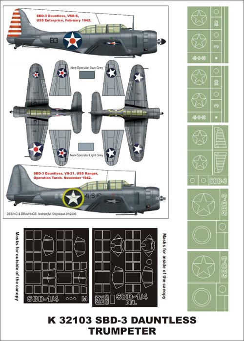 Douglas SBD-3 Dauntless (canopy frame paint masks (inside and outside)) + insignia and markings masks (designed to be used with Trumpeter kits)